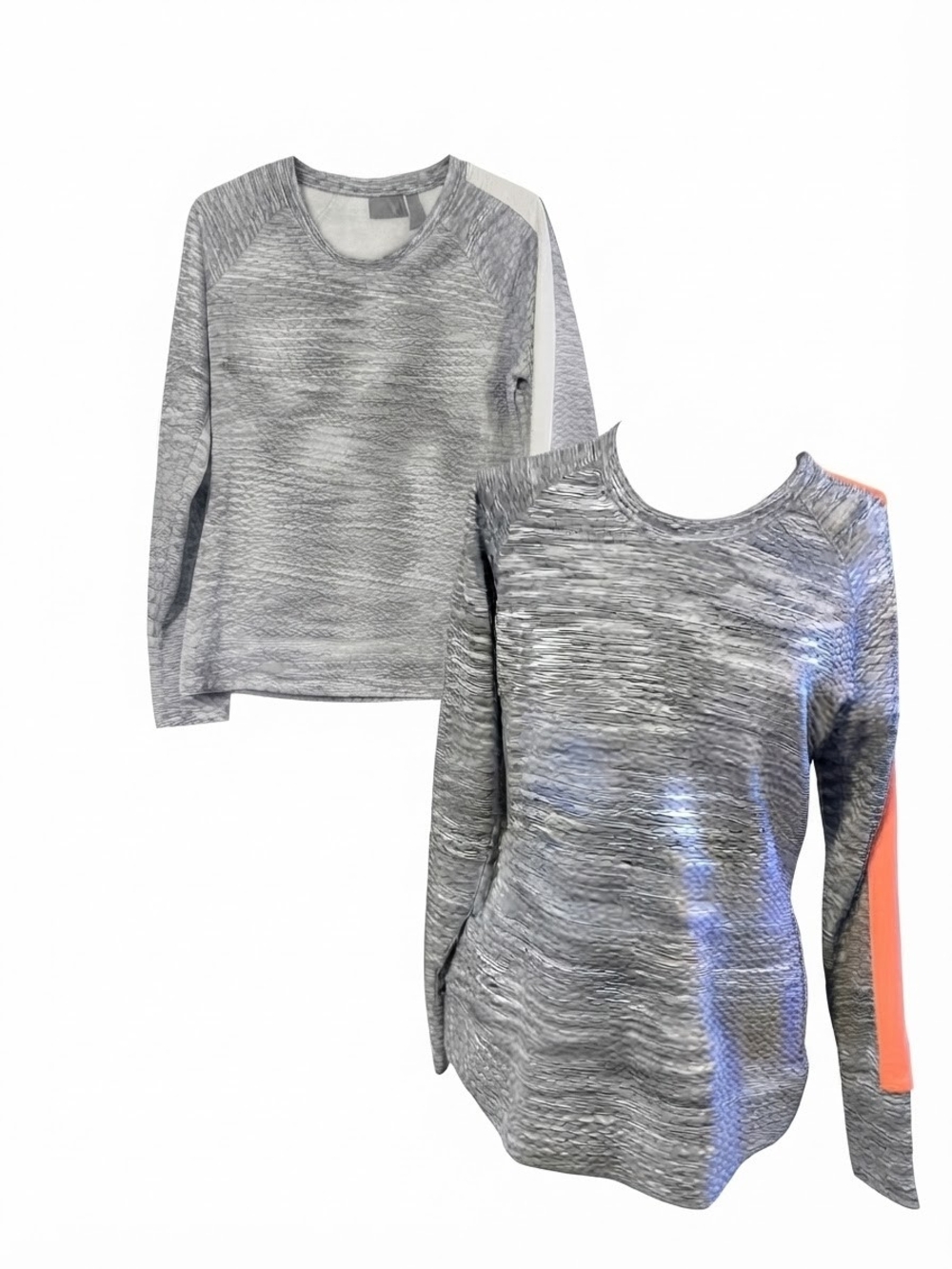 Athleta set of 2 Grey Space-Dye Crewneck Sweater with Coral Sleeve Stripe